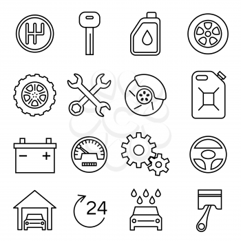 Car parts, services, auto repair thin line vector icons set. Battery and oil, brake and transmission illustration