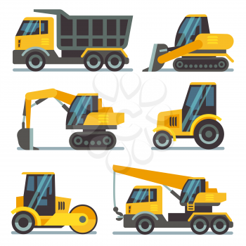 Construction machines, heavy equipment, construction vehicles flat vector icons. Excavator and crane, digger and loader illustration