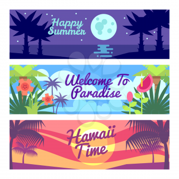 Happy summer travel time hawaii vector advertising banners set with tropical plants and flowers. Vacation on ocean, holiday on sea paradise illustration