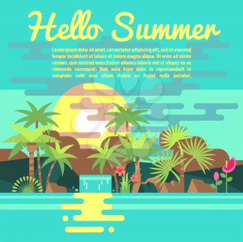 Tropics summer vacation vector background in trendy flat style. Banner for advertising of travel agency illustration