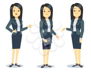 Funny businesswoman cartoon character in different poses for business presentation. Professional manager young lady in formal suit. Vector illustration