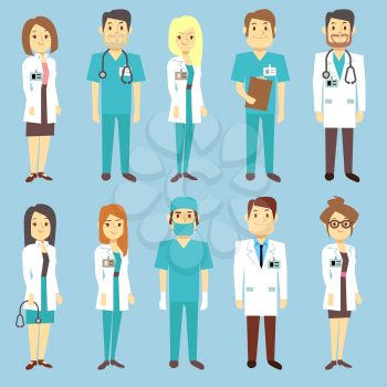 Doctors nurses medical staff people vector characters in flat style. Practitioner and surgeon in uniform, occupation professional physician illustration