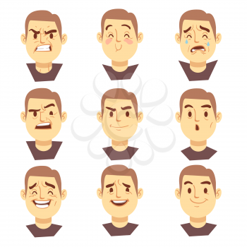 Man emotions faces vector cartoon business characters set. Mood joyful or aggressive, character face sad or happy illustration