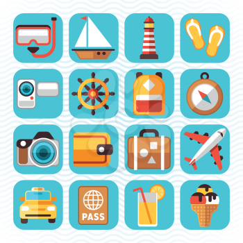 Travel tourism and vacation vector flat icons. Holiday relax, swim to sailboat and diving illustration