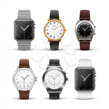 Classic watches isolated on white vector set. Wristwatch silver and gold illustration