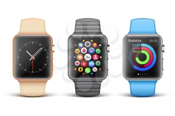 Smart electronic apple watches vector set. Clock mobile phone functions illustration