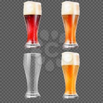 Beer glasses with light lager beer, dark beer, amber beer and empty mug vector illustration