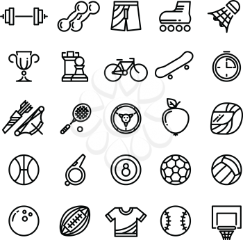 Sports outline symbols sports equipment thin line icons. Archery and badminton, football and basketball, vector illustration