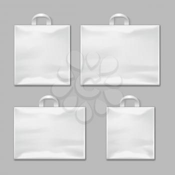 White empty reusable plastic shopping bags with handles vector templates, design mockups. Package polythene for shop and market illustration