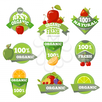 Set of organic natural fruits labels. Apple cherry and strawberry. Vector illustration