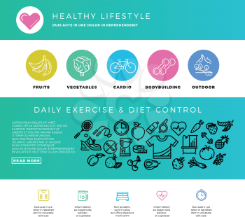 Fitness, gym, cardio, healthy lifestyle, health food, web design template with thin line icons. Bodybuilding and outdoor cardio training. Vector illustration