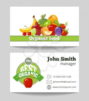 Organic food shop business card template for the fruit farm. Vector illustration