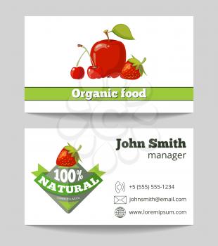 Organic food shop business card template with red fruits. Vector illustration