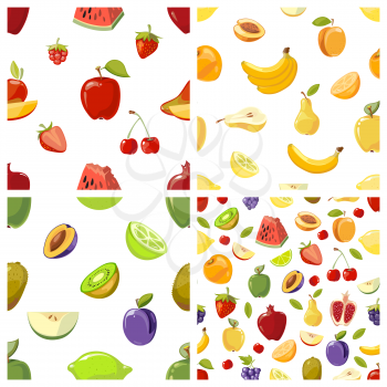 Set of vector fruits seamless patterns background. Kiwi plum and cherry illustration