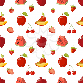 Red fruits seamless pattern over white background. Pomegranate apple and strawberries. Vector illustration