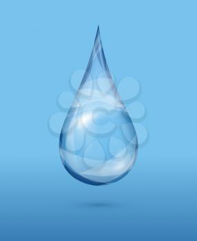 Realistic transparent water drop over blue background. Wet clear bubble, vector illustration
