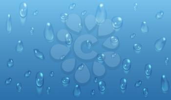Transparent water drops blue vector background. Wet droplet natural illustration