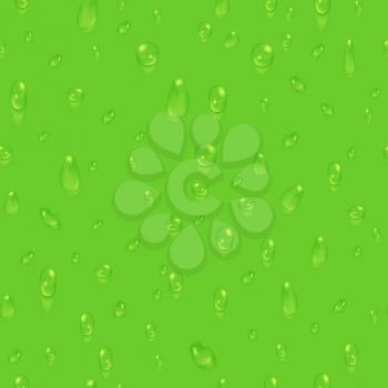 Green natural seamless background with water drops. Freshness clear droplet, vector illustration