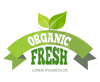 Organic fresh natural eco label with ribbon and leaf. Vector illustration