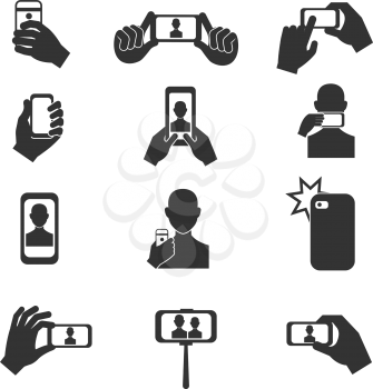 Selfie photo vector icons set. Photography with use smartphone and stick illustration