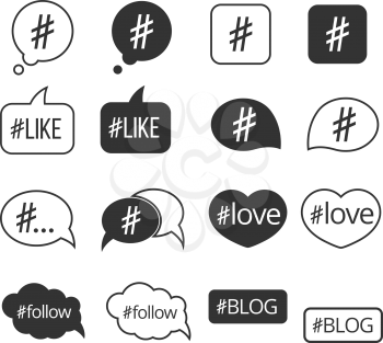 Hashtag post social media vector icons set. Like and follow, love tag illustration