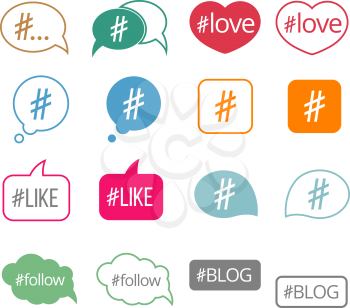 Hashtag flat vector icons set for social media and sharing information illustration
