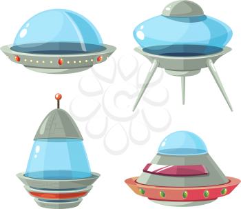 Cartoon alien spaceship, spacecrafts and ufo vector set. Cosmic ship in form saucer for transportation illustration