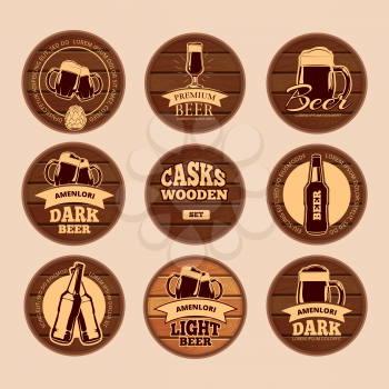 Wooden oak barrel signboards. Retro vector circle alcohol labels for cafe, restaurant, bistro, pub, beer, wine, whiskey. Keg wood with lettering illustration