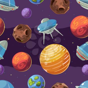 Seamless space vector kids pattern with planets and spaceships. Background with space ship and cartoon cosmos illustration