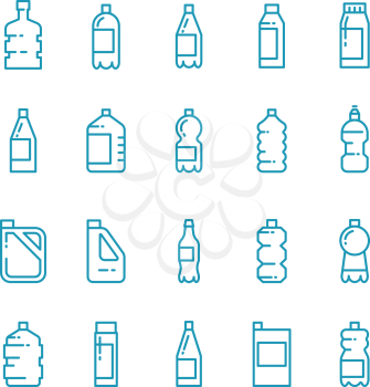 Plastic bottles line vector icons set. Container for beverage or milk, jerrycan in linear style for oil illustration