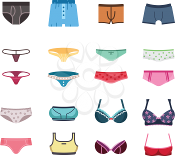 Male and female underwear, pants, bra flat vector icons. Wear underpants and fashion illustration panties