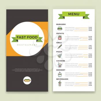 Fast food restaurant and cafe menu vector template with flat line icons. Hamburger and cake, snack and lunch illustration