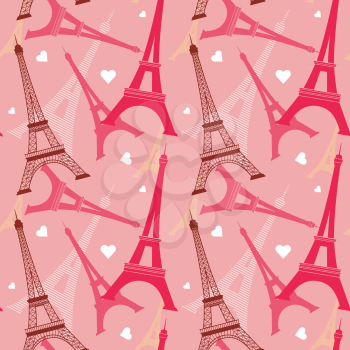Seamless vector pattern with eiffel tower. Romantic background with white hearts illustation
