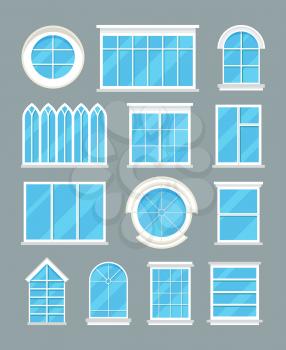 Glass home windows types vector flat icons. Set of window for interior design illustration