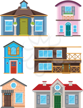 Modern residential building houses cartoon vector collection. Architecture home cottage and exterior residence color illustration