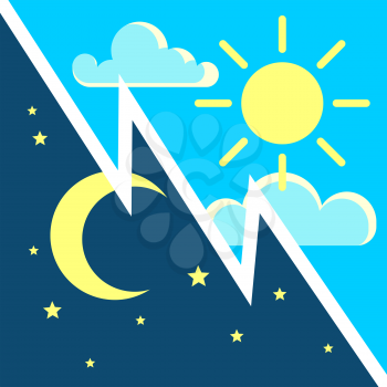 Day and night vector contrast concept with sun and moon flat icons. Cycle light and dark in nature illustration