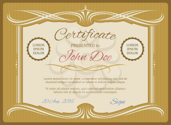 Vintage vector certificate template, retro diploma. Document presented illustration