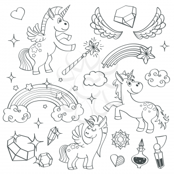 Magic unicorn rainbow, fairy wings, magic wand, stars and crystals in outline hand drawn style vector illustration set
