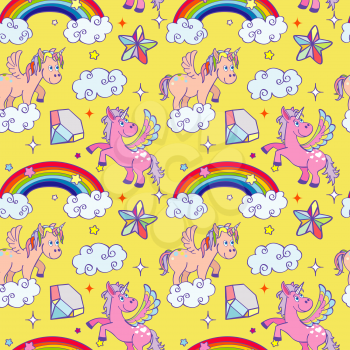 Miracle unicorn wizard seamless background. Cute pony with color rainbow. Vector illustration