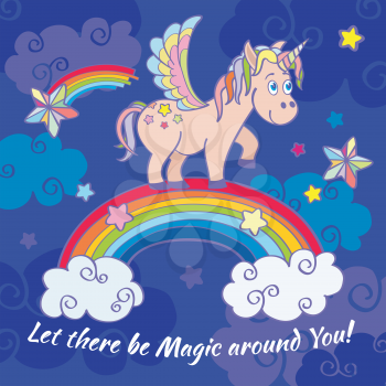 Cute unicorn and rainbow fairy vector background, poster, greeting card. Happy horse on rainbow illustration