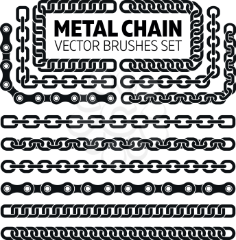 Metal chain links vector pattern brushes set. Interlink border frame illustration