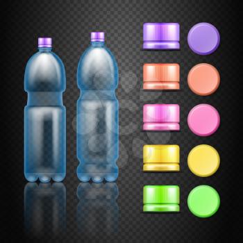 Vector empty plastic water drink bottles with set of multicolored caps. Colored caps for water bottel illustration