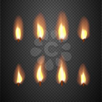 Burning candle flame animation vector frames. Burning wick isolated on checkered background illustration