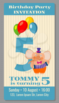Kids birthday party invitation card with funny elephant. Vector illustration