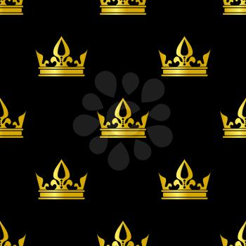 Golden crowns isolated on black background vector seamless pattern illustration