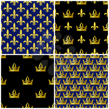 Golden crowns and fleur de lis seamless patterns set. Royal background collection illustration