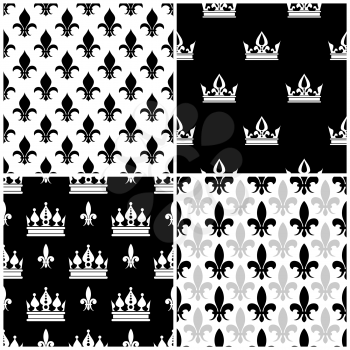 Vector crowns and fleur de lis seamless patterns set in black and white illustration