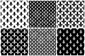 Vector fleur de lis seamless patterns set in black and white color. Illustration of background collection