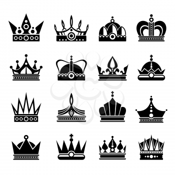 Royal crowns vector illustration set in black color isolated on white