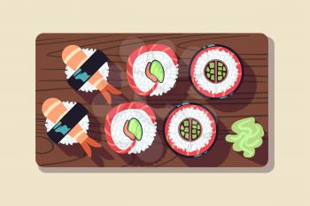 Japanese sushi over a plate vector illustration. Sushi food in restaurant